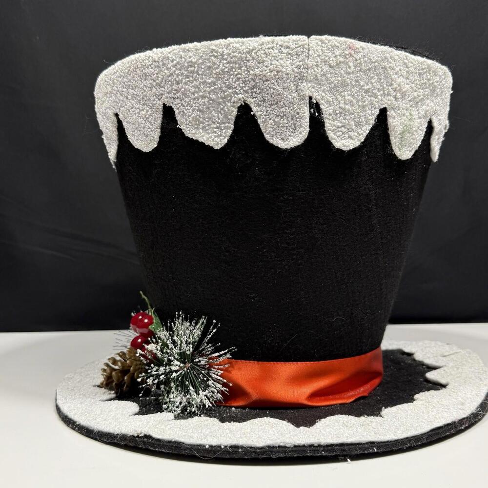 Large Black Felt Snowman Top Hat Decoration Frosted Christmas Tree Topper - Picture 2 of 5